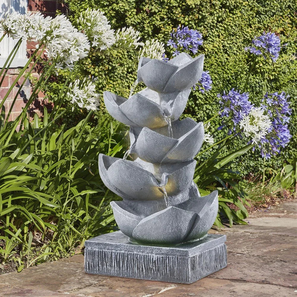 Water Feature Lotus Cascading Fountain With Solar LED Light Outdoor Garden Decor — alternate product view 2