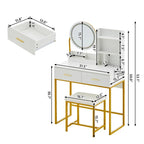 Dressing Table Round Mirror LED Lights Stool Vanity Table Makeup Desk Gold Leg — on a clean white background
