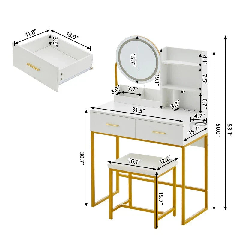 Dressing Table Round Mirror LED Lights Stool Vanity Table Makeup Desk Gold Leg — on a clean white background