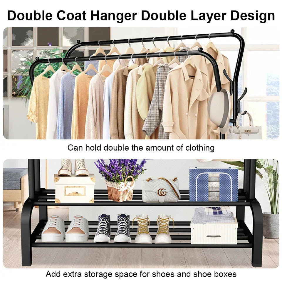 Double-Rail Clothes Rack with Shoe Shelf — Black or White — alternate product view 10