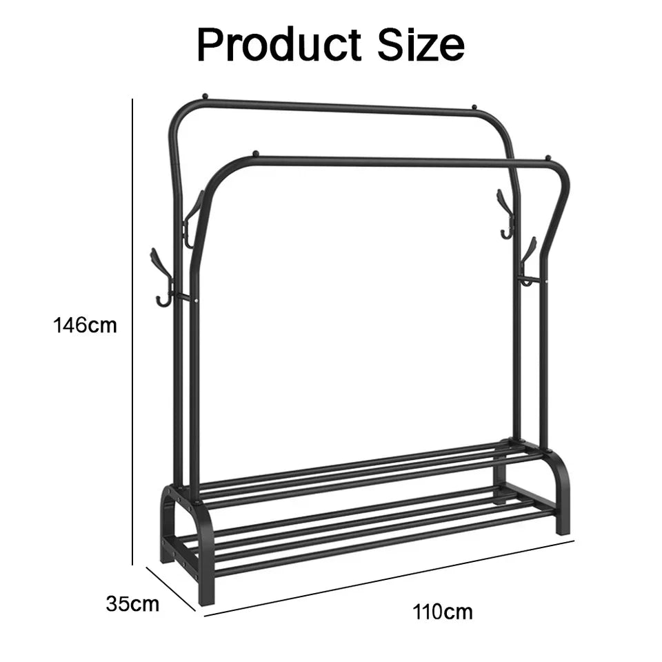 Double-Rail Clothes Rack with Shoe Shelf — Black or White — on a clean white background