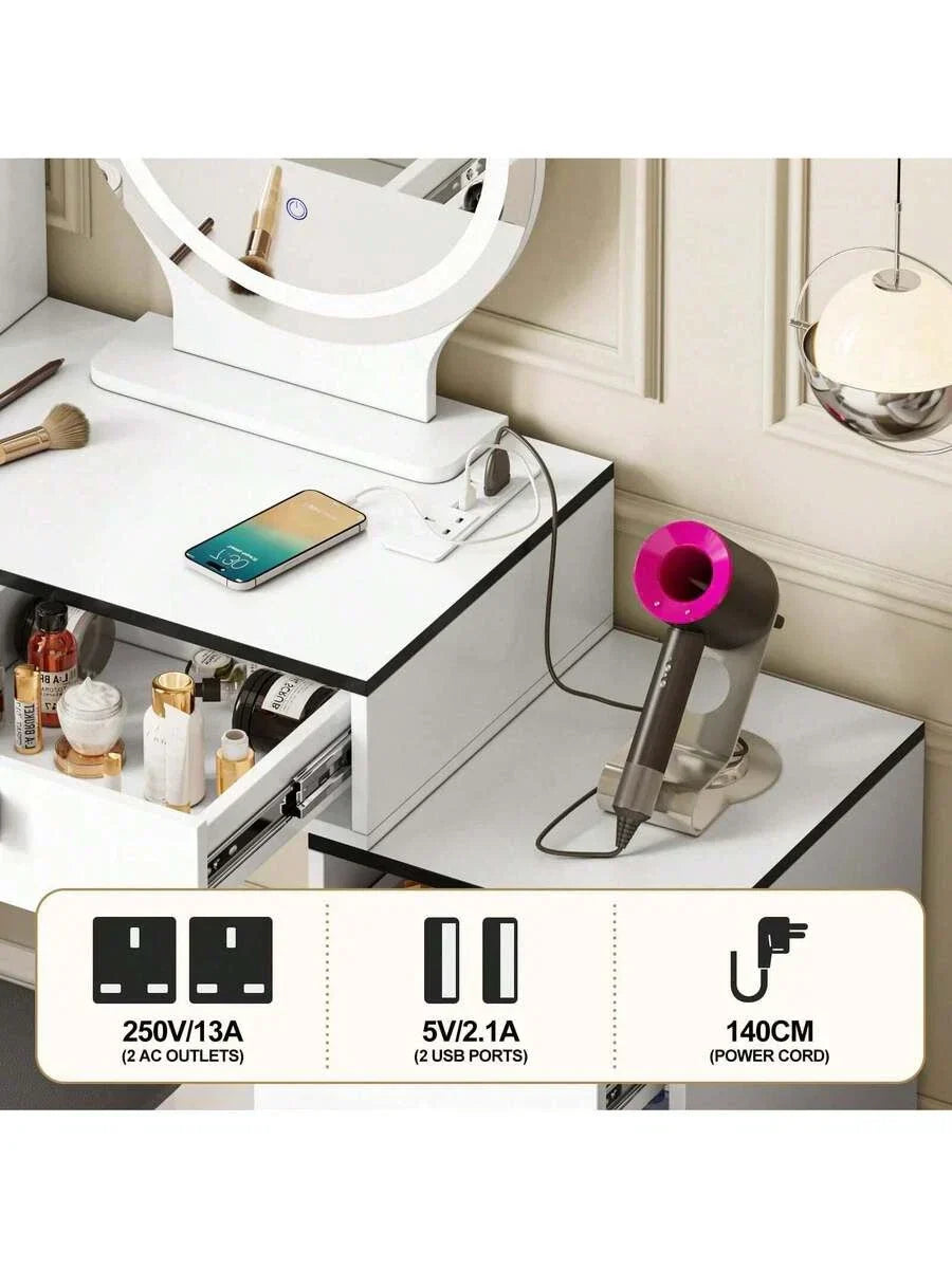 Dressing Table With Mirror Stool, Vanity Table Set With 3 Color Detachable LED — alternate product view 6