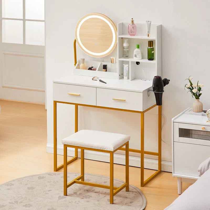 Dressing Table Round Mirror LED Lights Stool Vanity Table Makeup Desk Gold Leg — alternate product view 8