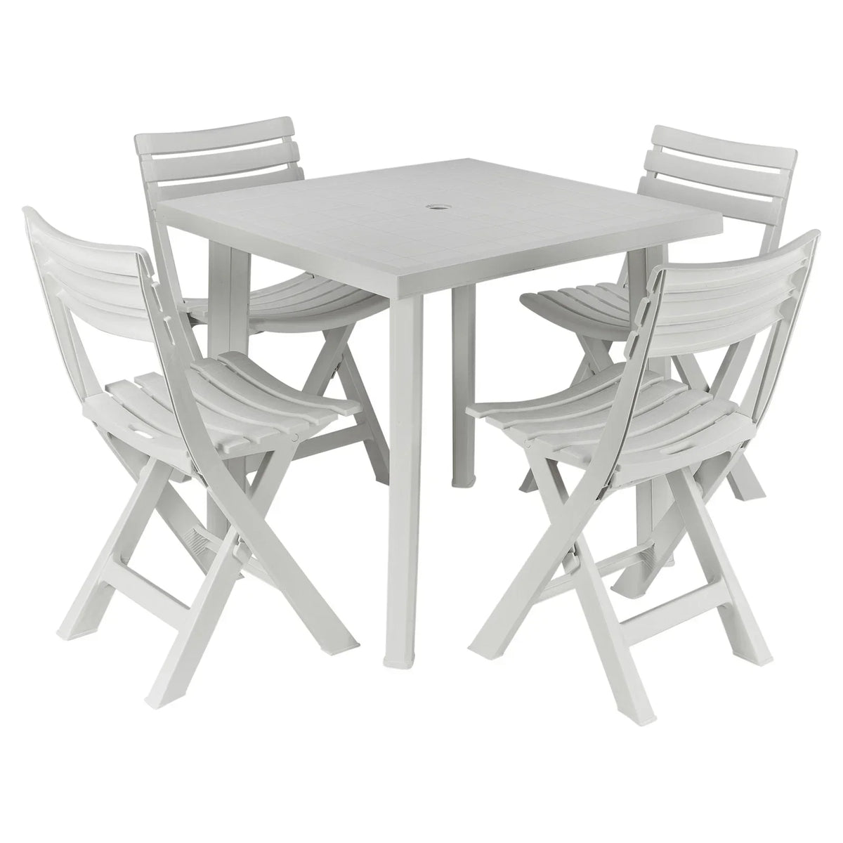 5PCs White Plastic Garden Dining Table with Chairs Set Patio Deck Outdoor Furniture — on a clean white background