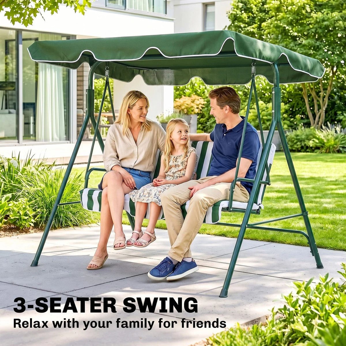 3-Seat Swing Chair Garden Swing Seat with Adjustable Canopy for Patio Green — alternate product view 3