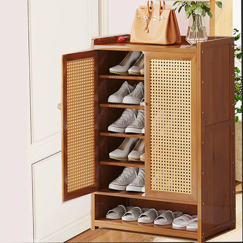 Shoe Cabinet Storage Cupboard Footwear Stand Rack Wooden Double Rattan Doors UK — alternate product view 6