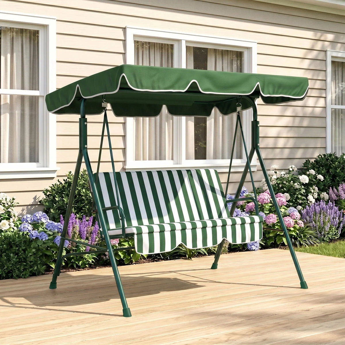 3-Seat Swing Chair Garden Swing Seat with Adjustable Canopy for Patio Green — main product view