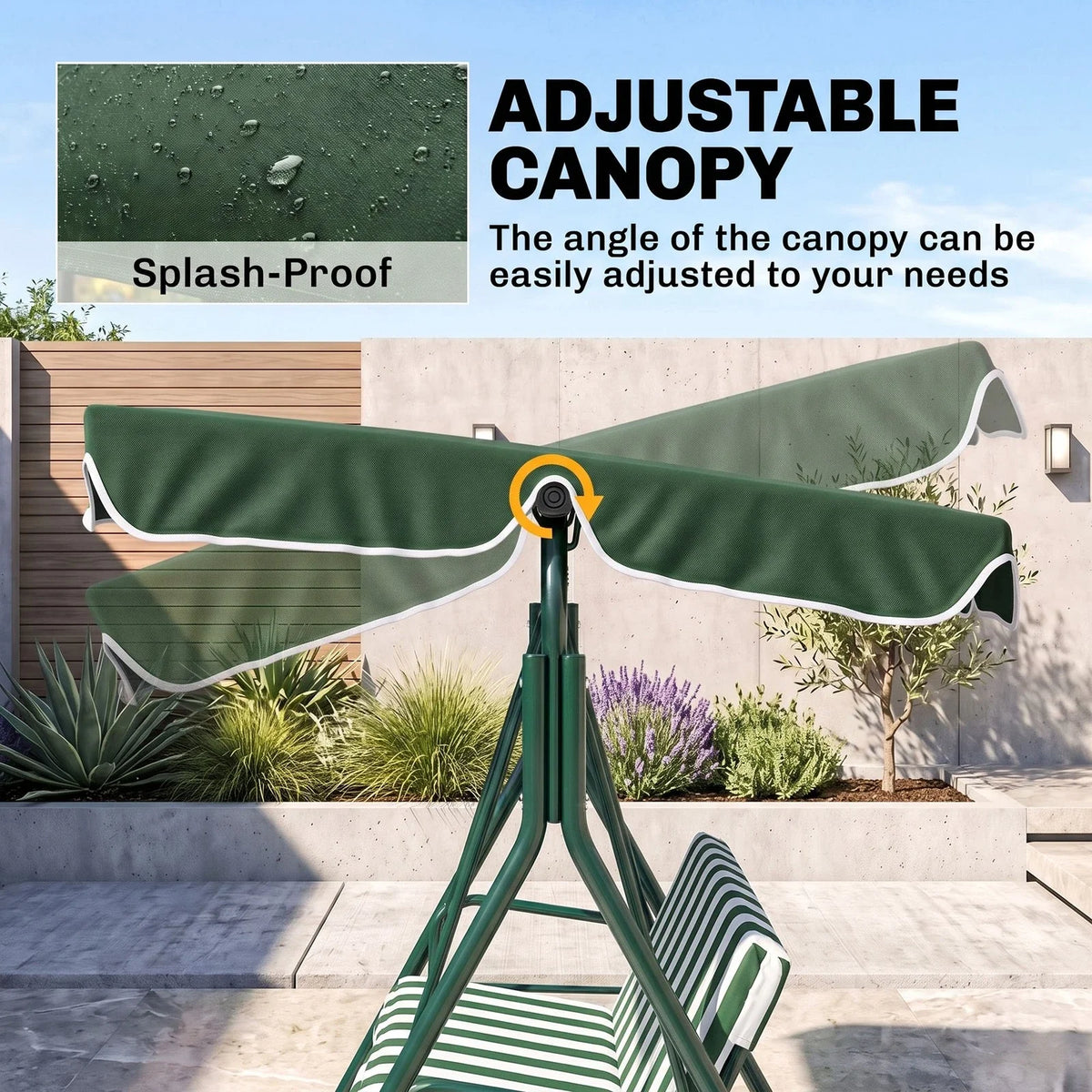 3-Seat Swing Chair Garden Swing Seat with Adjustable Canopy for Patio Green — alternate product view 6