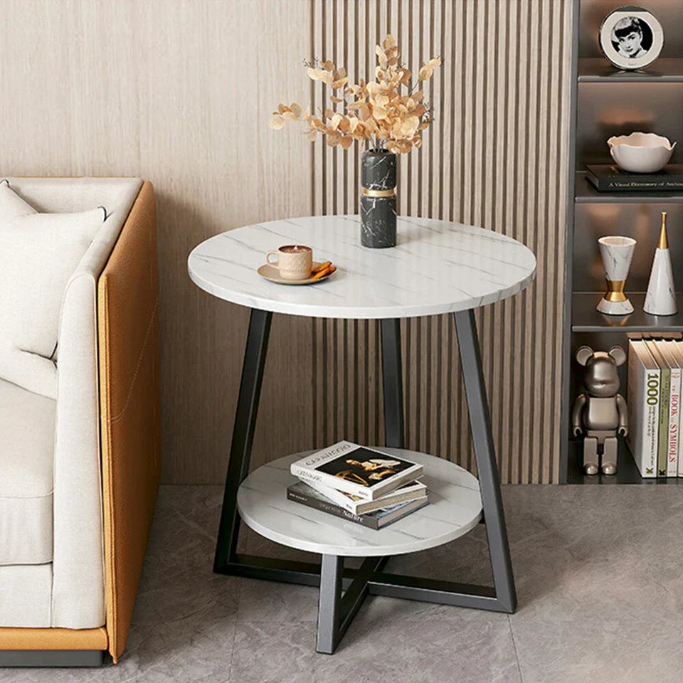 Round 2 Tier Coffee Table Side Table White Marble Effect End Table Living Room — alternate product view 5