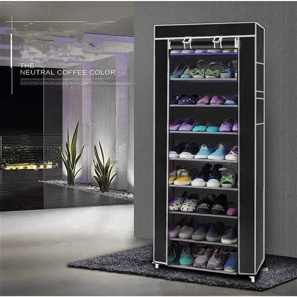10 Tier Cabinet Storage Organiser Shoe Rack Stand Holds 27 Pairs Dustproof — Black — product view