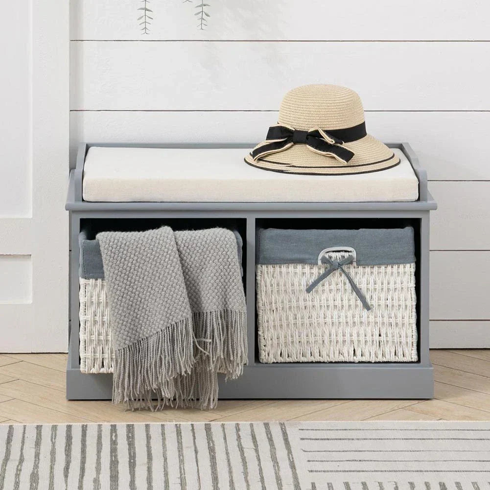 Large Shoe Storage Bench with Seat Cushion And 2 Rattan Basket Organiser Hallway — alternate product view 2
