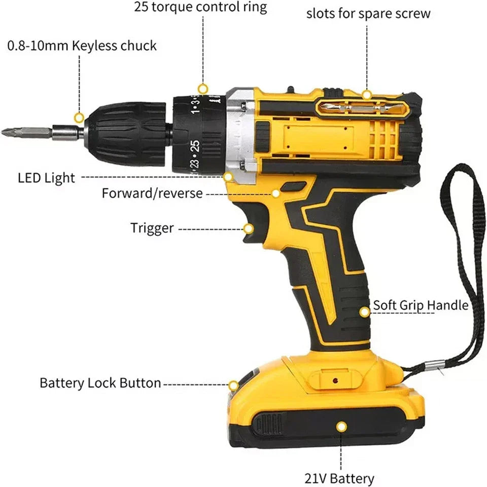 2 Battery 21V Cordless Drill Combi Driver High Power Electric Screwdriver Set UK — on a clean white background