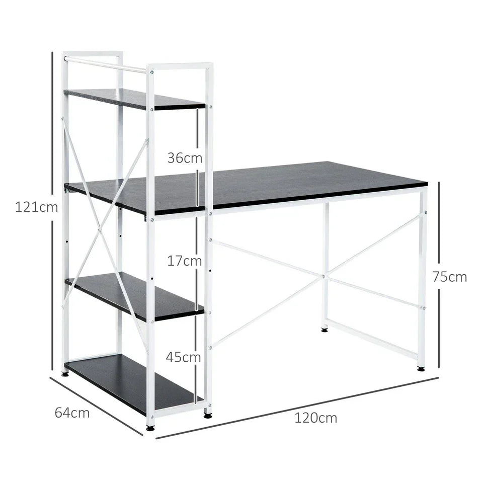 Computer Desk Laptop Table w/4-tier Bookshelf Metal Frame Black, White — on a clean white background