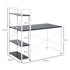 Computer Desk Laptop Table w/4-tier Bookshelf Metal Frame Black, White — on a clean white background
