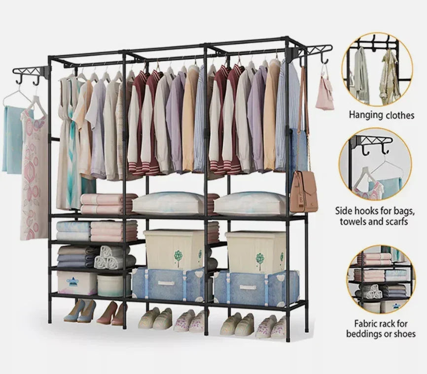 Clothes Rail Rack Garment Hanging Stand Shoe Storage Shelf Open Wardrobe — on a clean white background