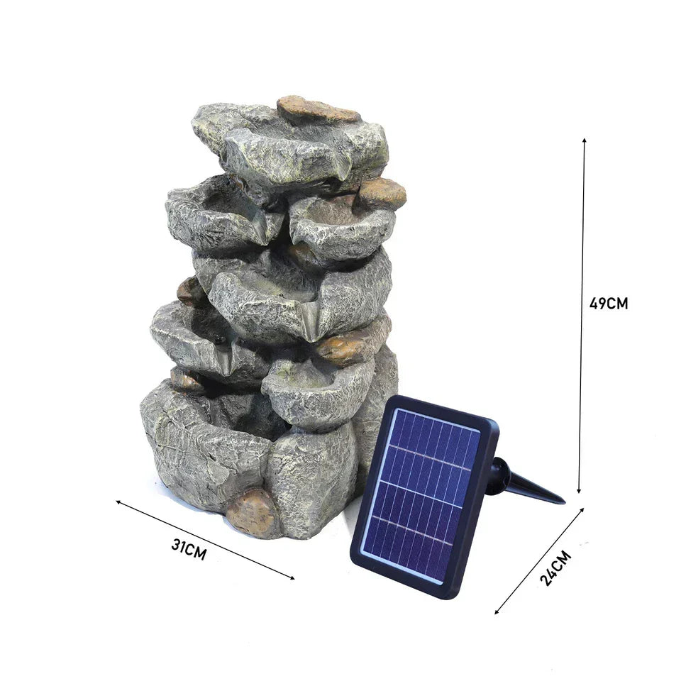 Solar Powered Cascading Stones Fountain LED Water Feature Garden Statues Pump — on a clean white background