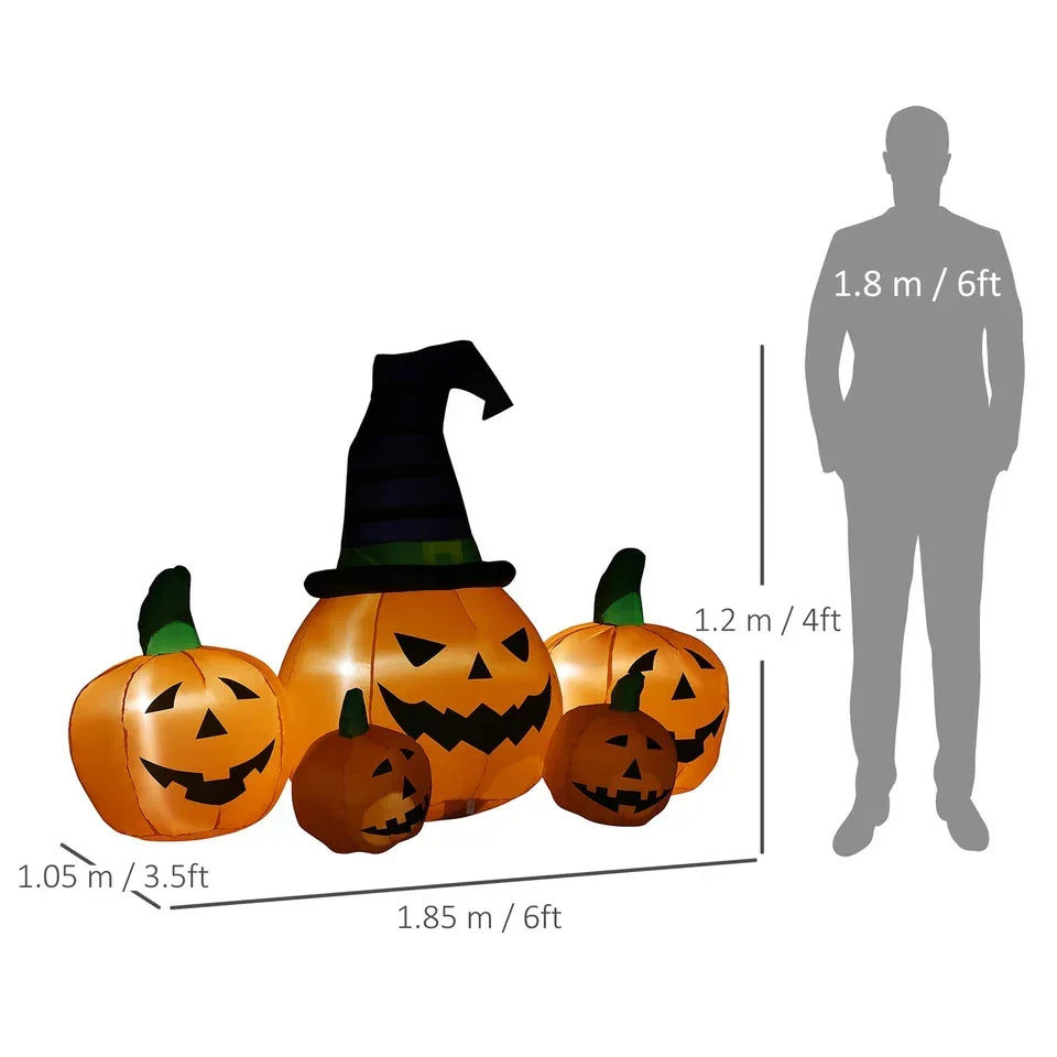 6ft Inflatable Halloween Large Pumpkin in Hat w/ Four Small Pumpkin LED — on a clean white background