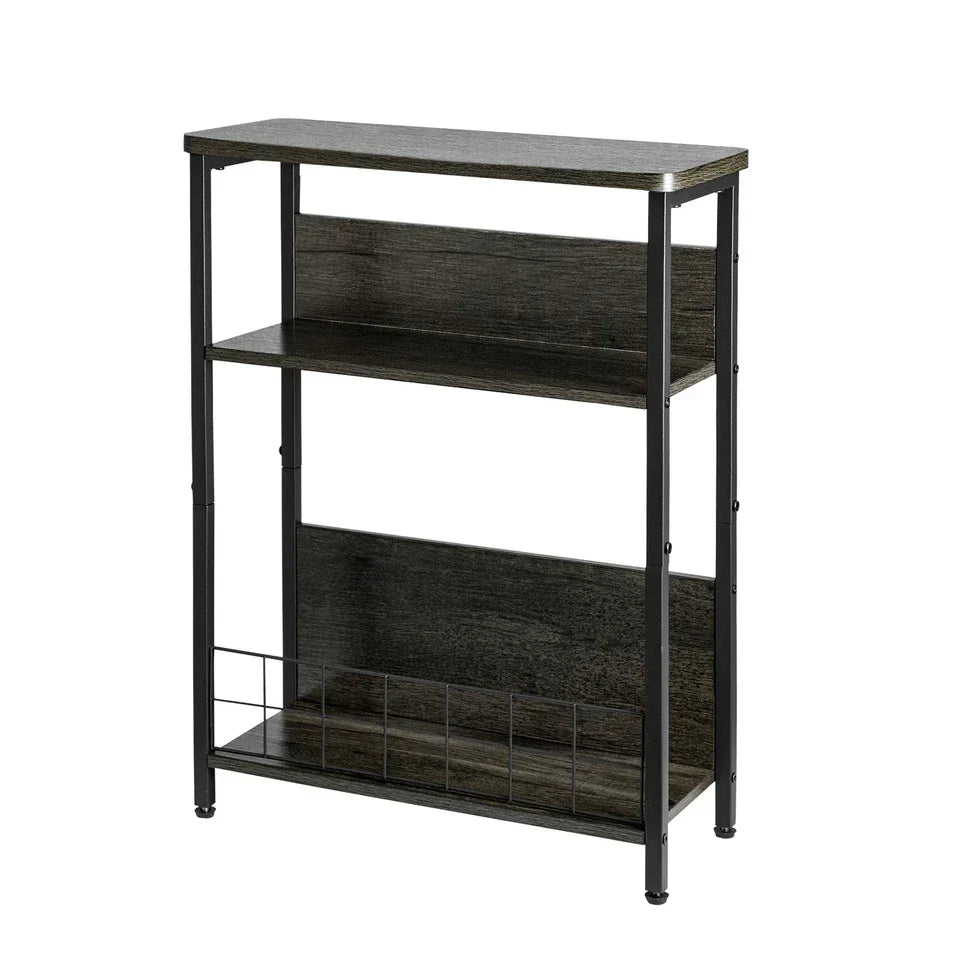 Vintage Narrow Side Table with Storage Shelf, 3 Tier Slim End Table Modern Sofa — Deep Grey — on a clean white background