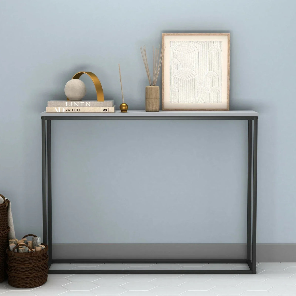 Wooden Free Standing Hallway Console Table Living Room Shelf Display Metal Legs — Grey — product view