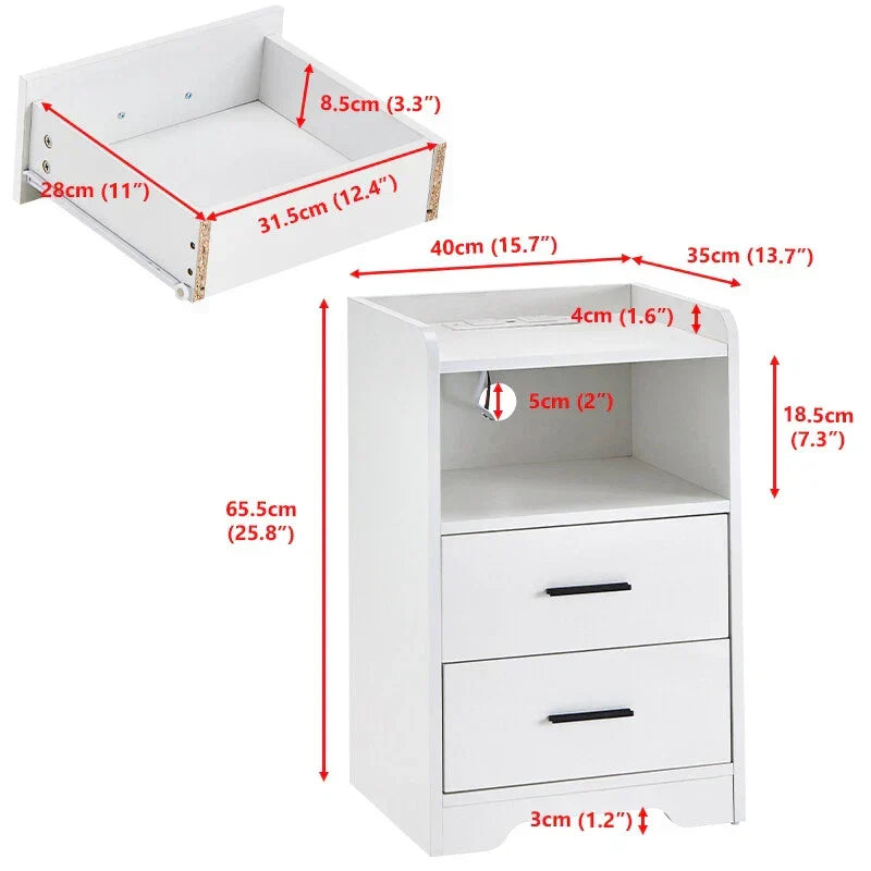 LED Light Bedside Table Nightstand High Gloss 2 Drawers USB Port Power Plug — on a clean white background