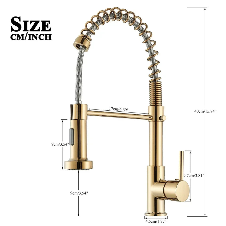 Modern Gold Kitchen Mixer Taps Pull out Spray 360° Mono Single Lever Sink Faucet — on a clean white background
