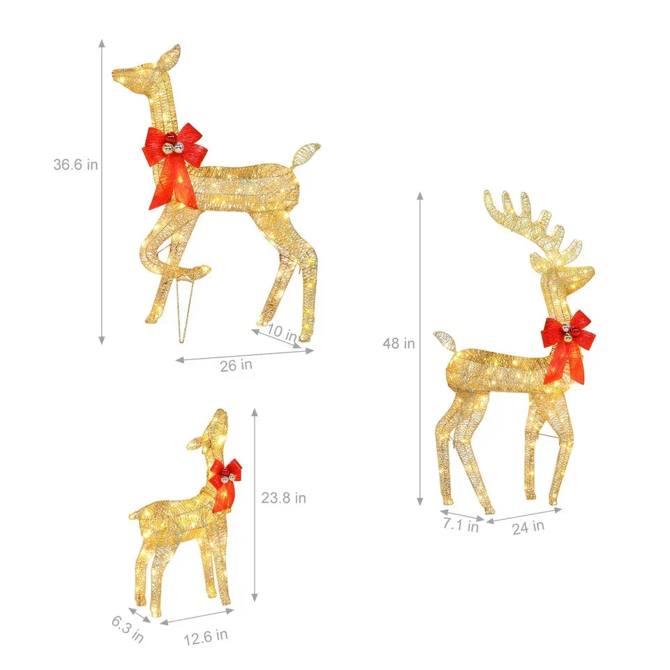 Set of 3 Pre lit Reindeer Deer Family LED Lights Outdoor Garden Xmas Decoration — on a clean white background