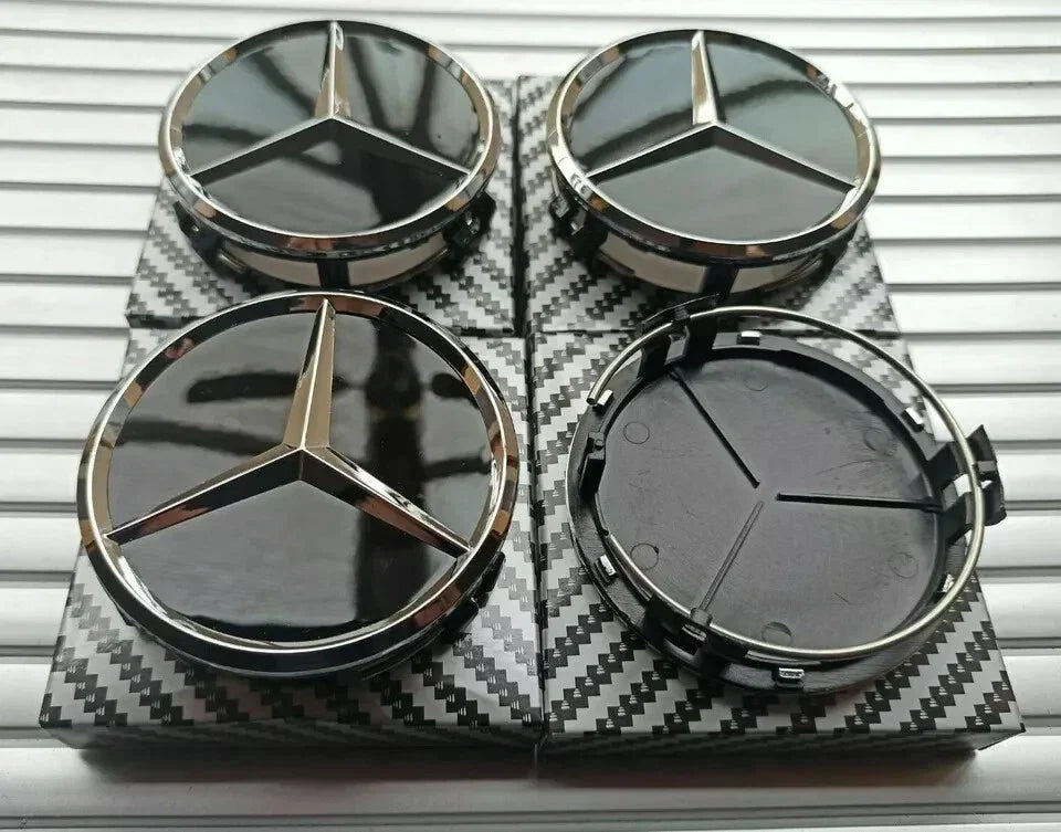 4 x Black Mercedes Benz 75mm Alloy Wheel Centre Caps AMG A B C E S M Class Hub — alternate product view 3