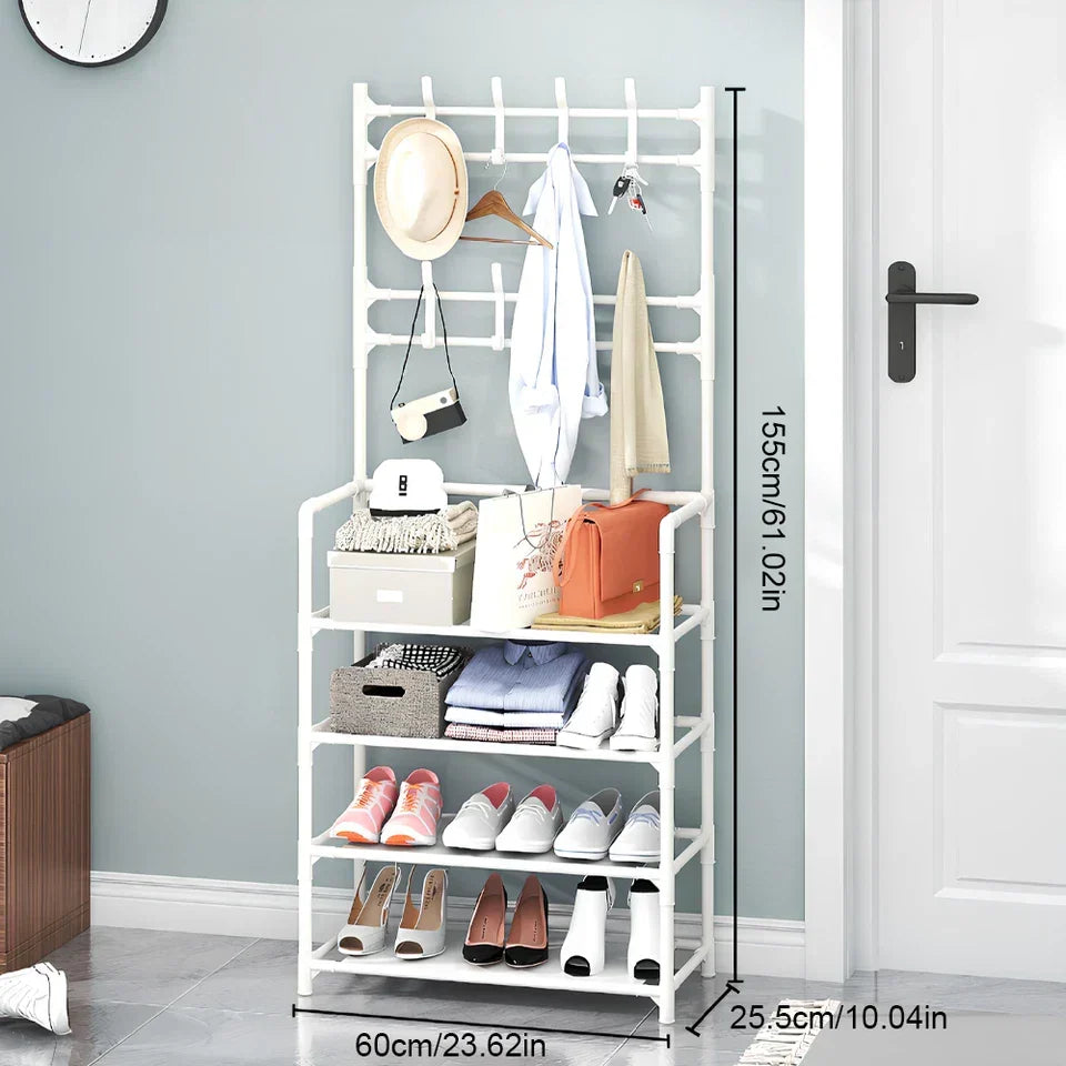 8 Hooks Coat and Hat Stand Metal + Plastic Shoe Rack Bedroom Shelf Hanger — 4 Tiers White — product view