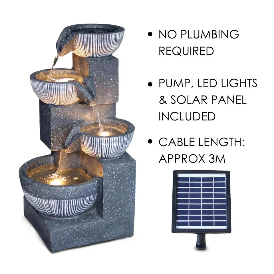 Solar Garden Water Feature Fountain Deco- ration 4 Tier Bowl LED Outdoor Indoor — on a clean white background