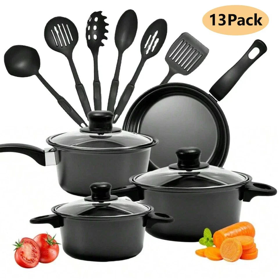 13pcs Cookware Set Pan Pot Non Stick Saucepans Frying Pan Cookware Set Glass Lid — on a clean white background