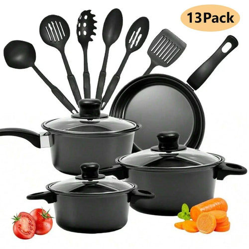 13pcs Cookware Set Pan Pot Non Stick Saucepans Frying Pan Cookware Set Glass Lid — on a clean white background