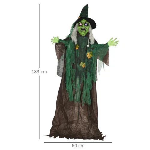 6ft Animated Halloween Witch Prop Outdoor Decoration with Glowing Eyes & Hear — on a clean white background