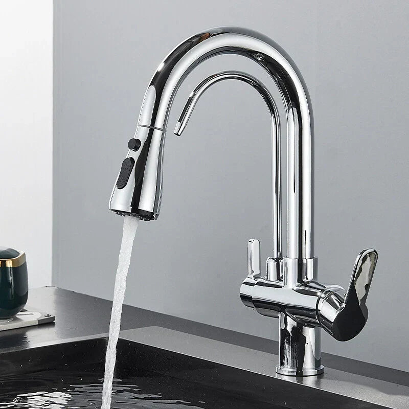 Modern Mono Kitchen Sink Mixer Taps 360° Pull Out Spray Spout Twin Lever 3 Way — Chrome — product view