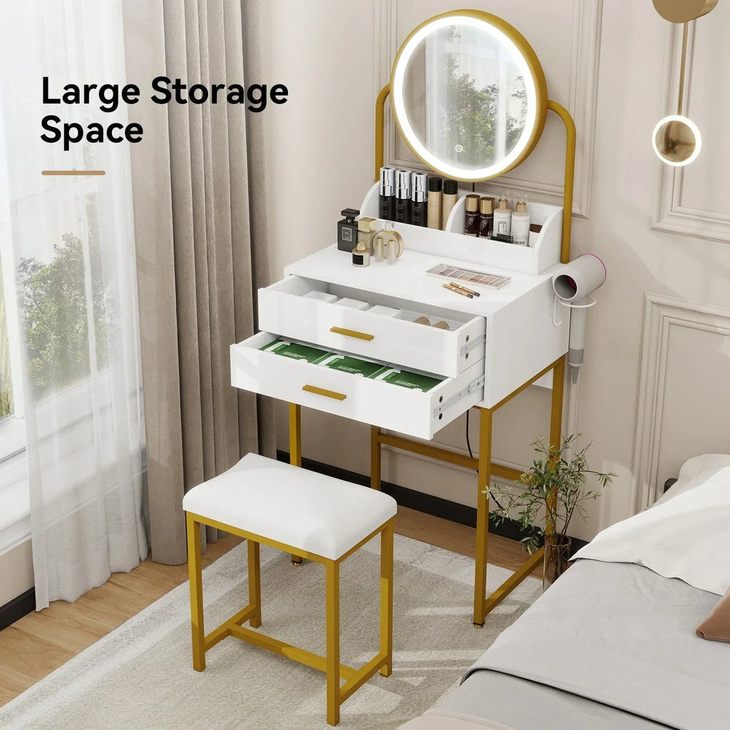 Modern Vanity Dressing Table LED Light Mirror Stool Shelves 2 Drawers Compact — alternate product view 6