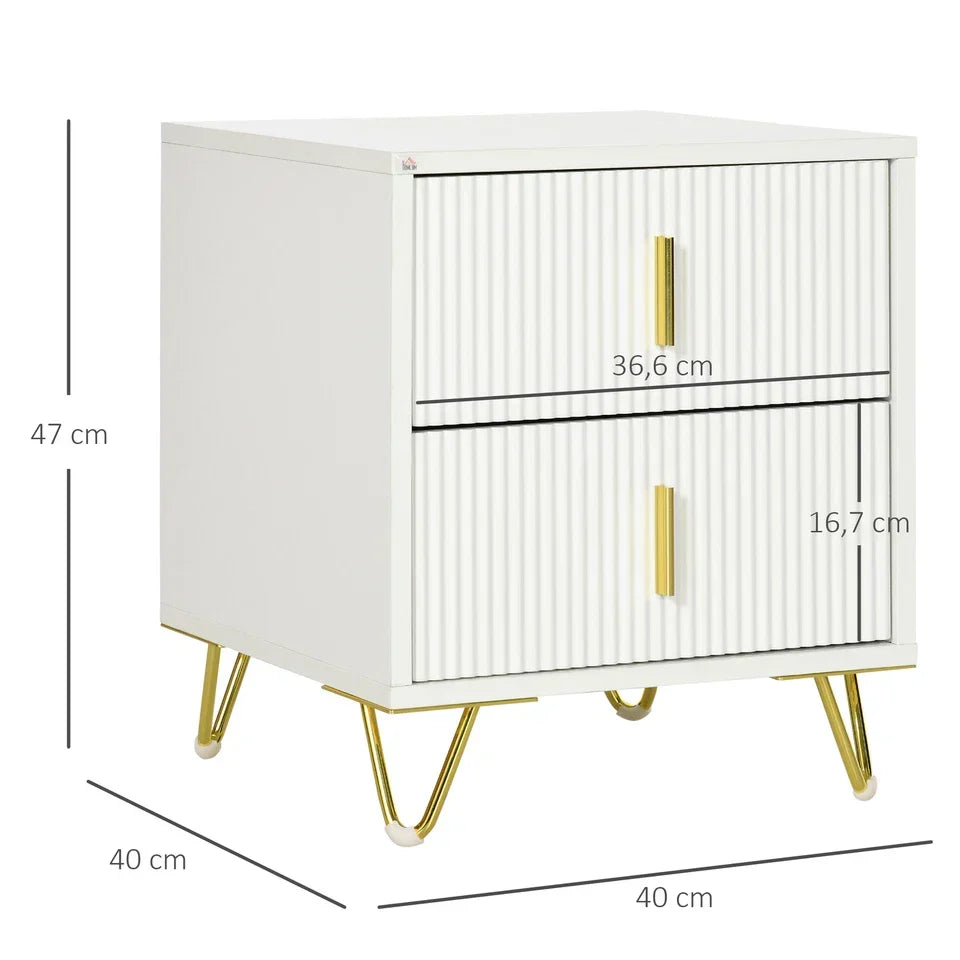 Bedside Table with 2 Drawers Gold Legs Side Table Nightstand Bedroom Furniture — on a clean white background