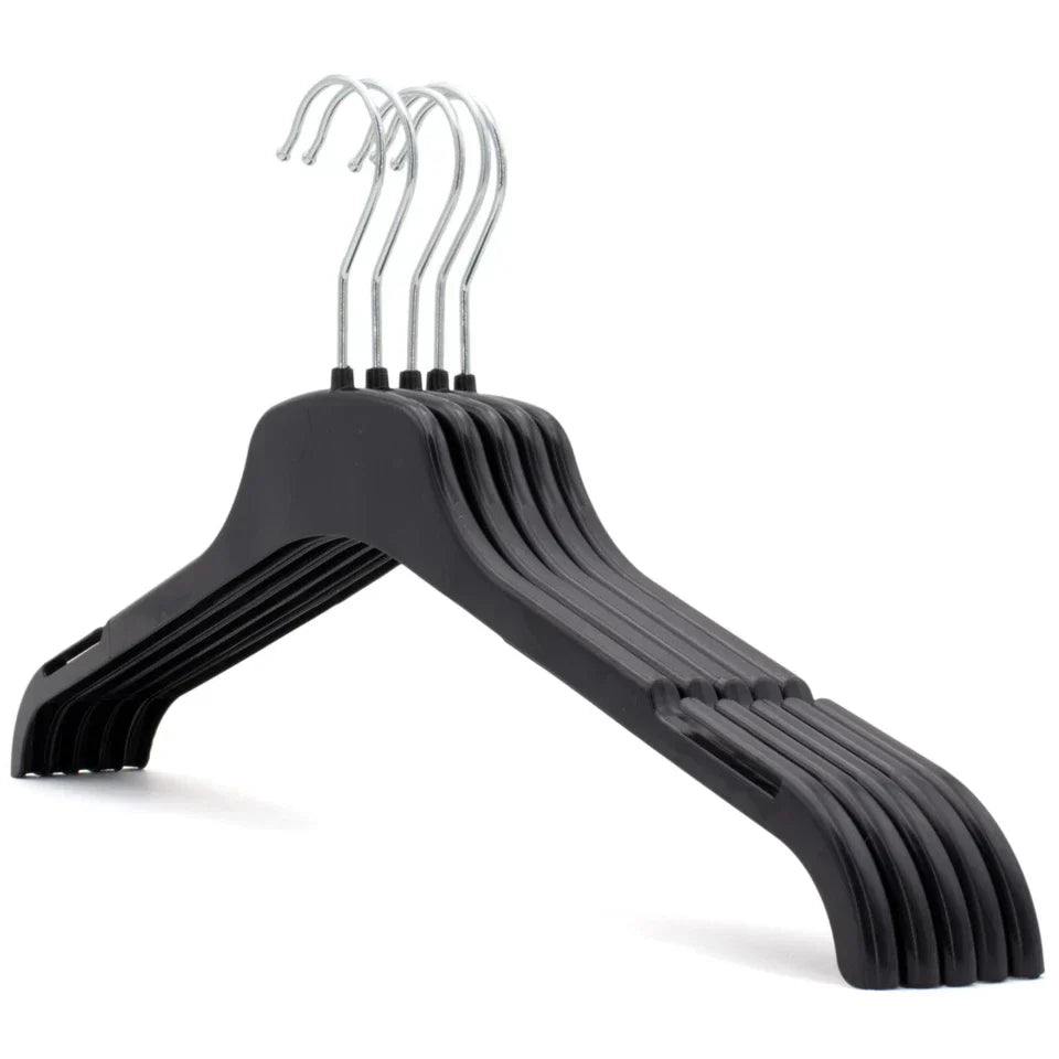 Strong Plastic Coat Clothes Hangers for Tops, Shirts, Dresses — on a clean white background