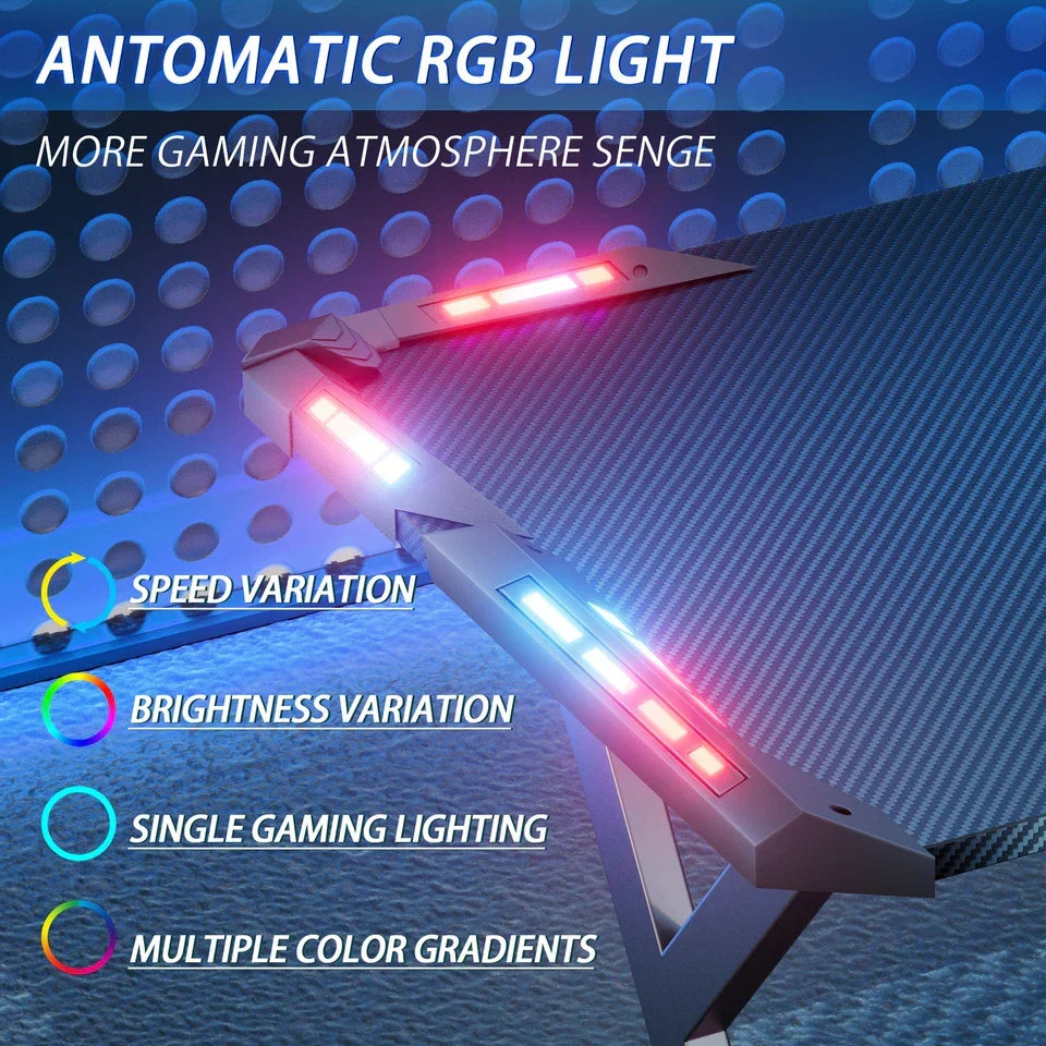 Gaming Desk LED RGB Computer Table Workstation w/ Cup Holder & Headphone Hook — alternate product view 7