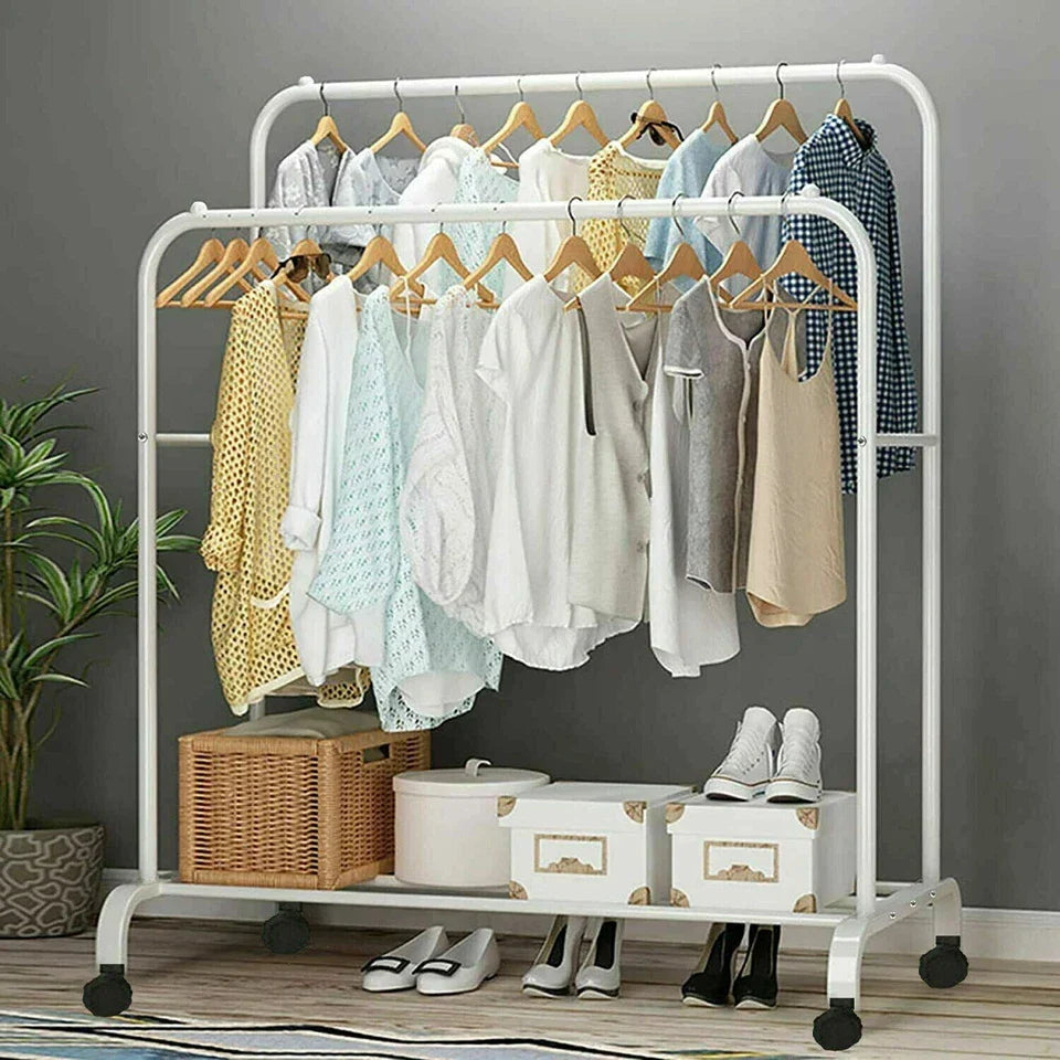 Industrial Pipe Garment Rack Coat Stand Rolling Clothe Rails — White — product view