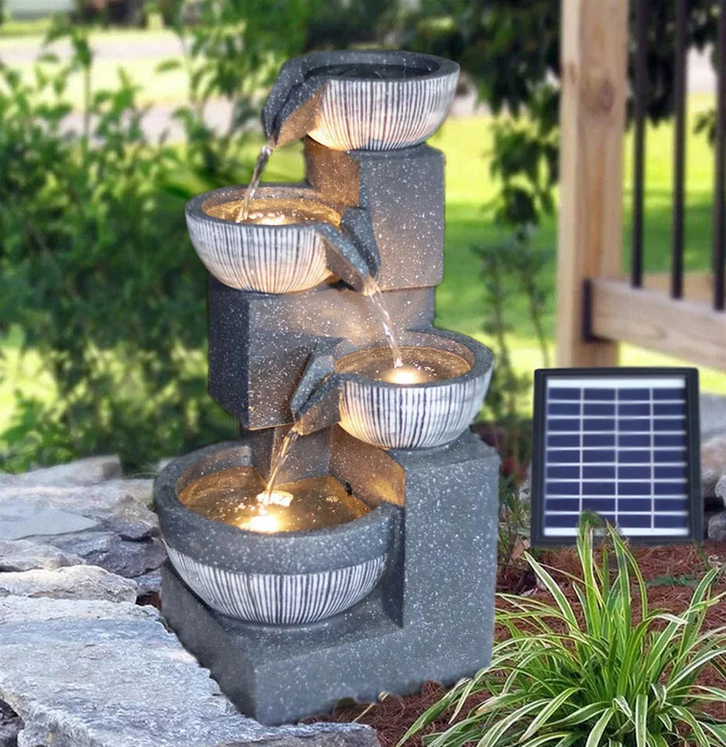 Solar Garden Water Feature Fountain Deco- ration 4 Tier Bowl LED Outdoor Indoor — alternate product view 2