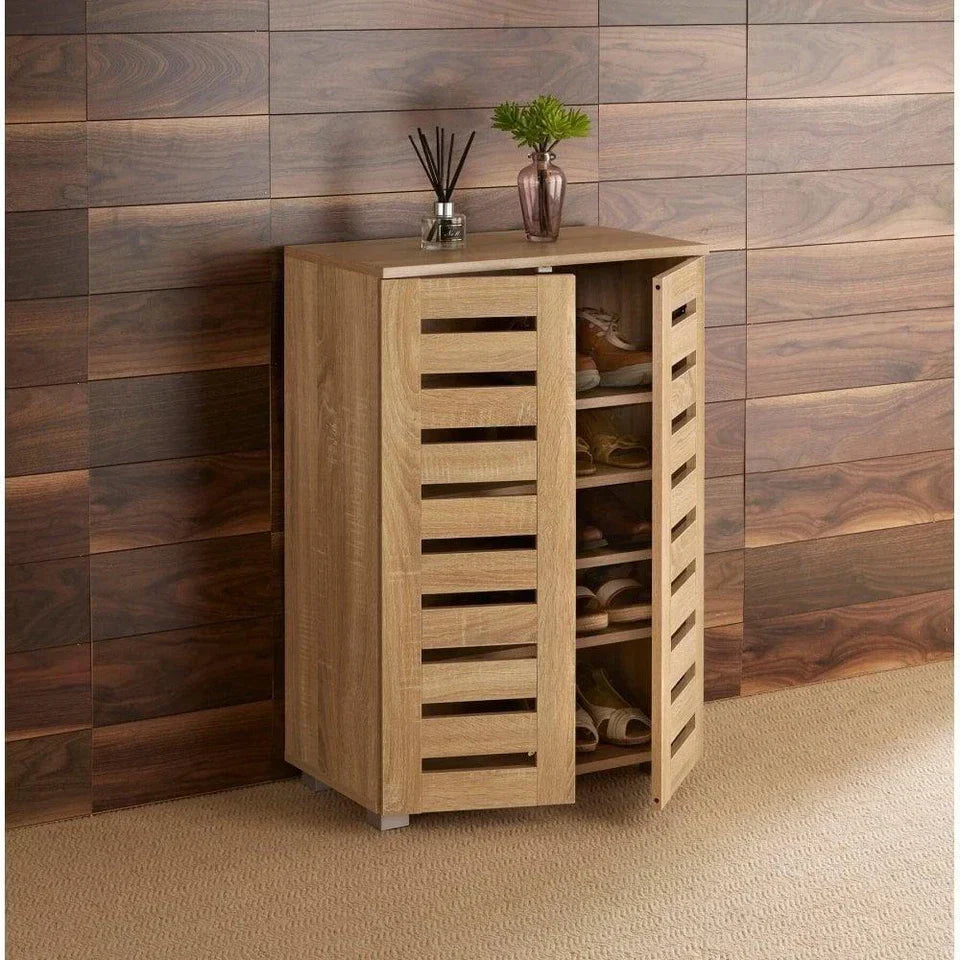 2 Door Shoe Storage Cabinet Rack Stand Cupboard Oak Wooden Slatted Doors Oslo — alternate product view 2