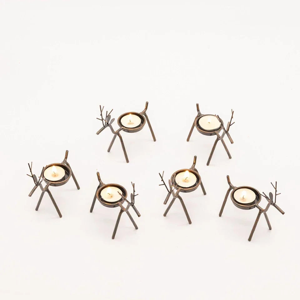 6x Christmas Reindeer Tea Light Candle Holders & Tealights Xmas Home Decor Gift — on a clean white background