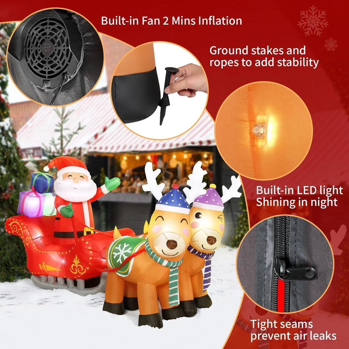 7FT Christmas Inflatable Santa Claus Sledge Sleigh Reindeer Blow Up Xmas Garden — alternate product view 6