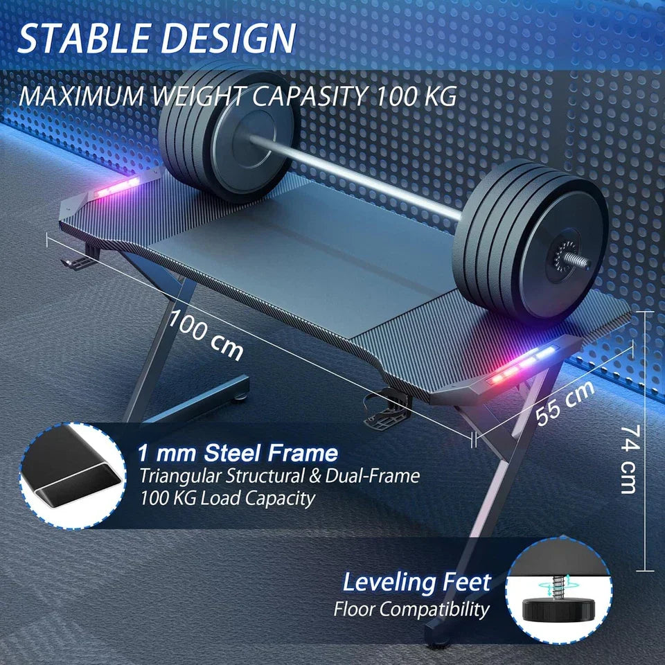 Gaming Desk LED RGB Computer Table Workstation w/ Cup Holder & Headphone Hook — alternate product view 6