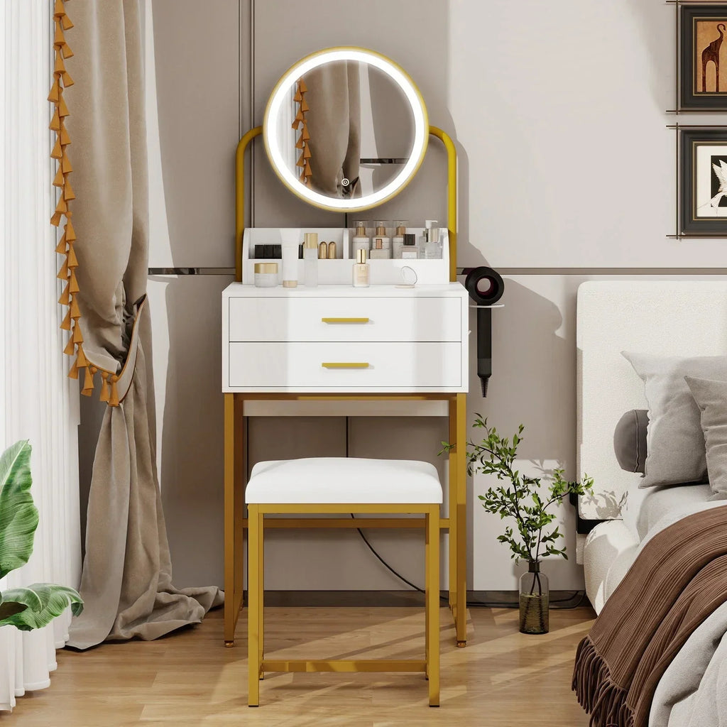 Modern Vanity Dressing Table LED Light Mirror Stool Shelves 2 Drawers Compact — alternate product view 8