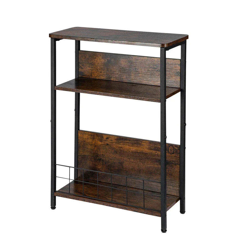 Vintage Narrow Side Table with Storage Shelf, 3 Tier Slim End Table Modern Sofa — Brown — product view