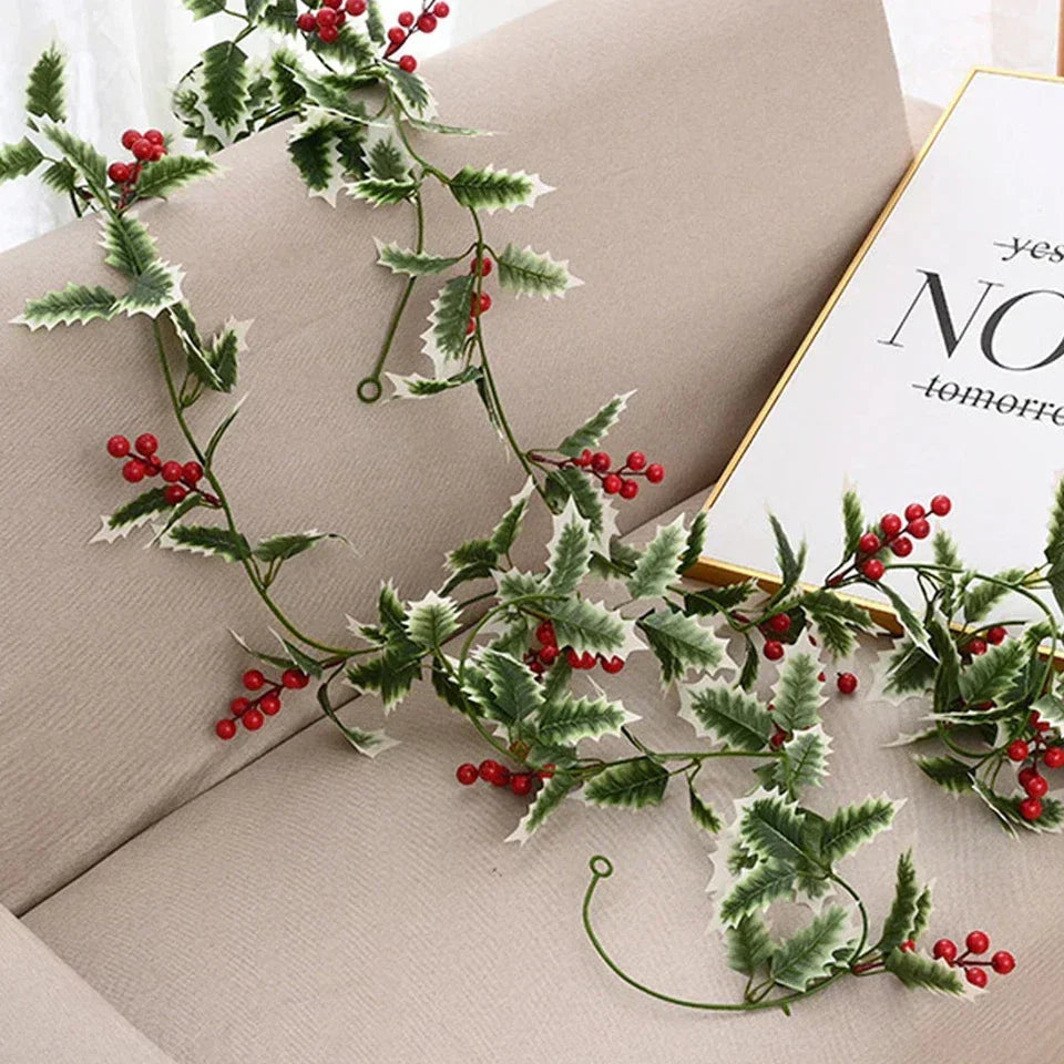 2M Christmas Garland Holly Leaf Red Berries Winter Fireplace Hanging Party Decor — alternate product view 7
