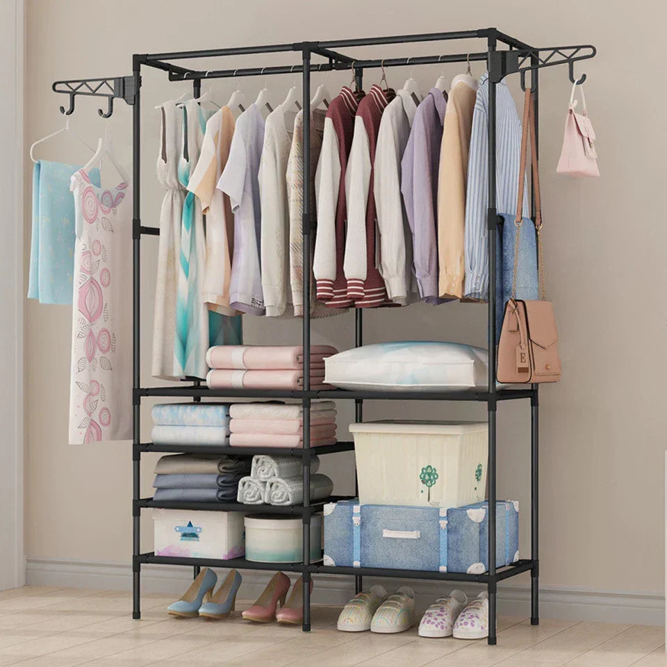 Heavy Duty iron Clothes Rail Stand Rack Storage Garment Shelf Hanging Display — Black — product view