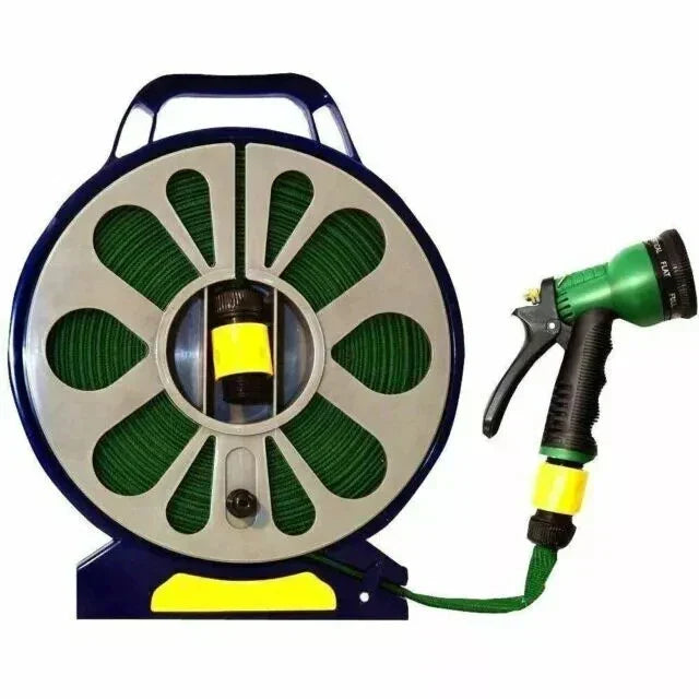 50 Feet/15 Meter Flat Hose Pipe Reel With Water Nozzle Gun Spray Garden Watering — on a clean white background