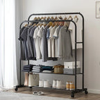 Industrial Pipe Garment Rack Coat Stand Rolling Clothe Rails — Black — main product view