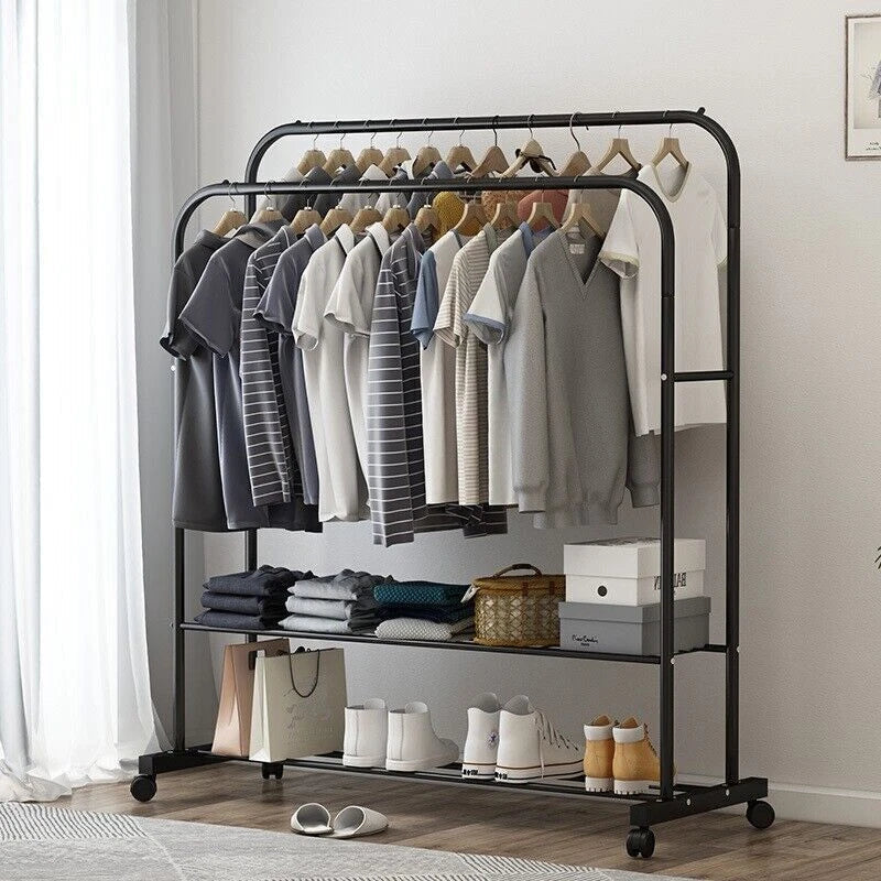 Industrial Pipe Garment Rack Coat Stand Rolling Clothe Rails — Black — main product view